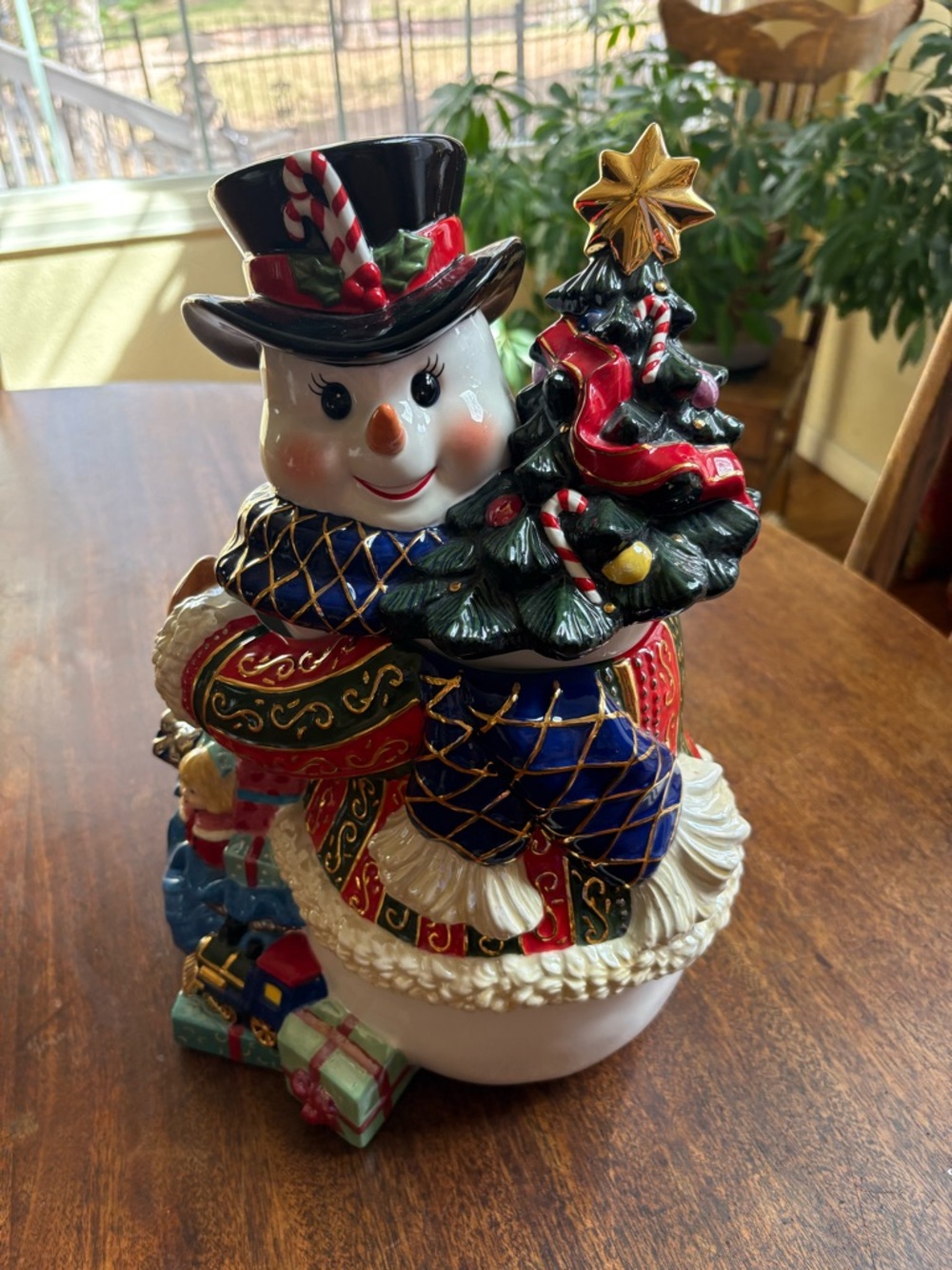 Radko Festive Snowman with Christmas Tree Ceramic Figurine - Red, Green, Blue